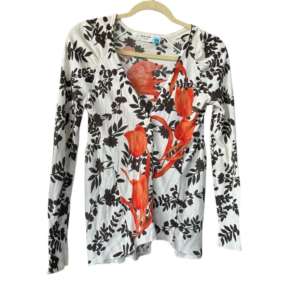 Anthropologie Sparrow Plum Blossom Ivory Brown Floral Cardigan Womens XS Office